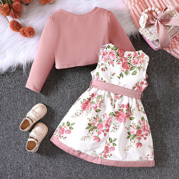 2PCS Ribbed Overcoat+Floral Sleeveless Dress