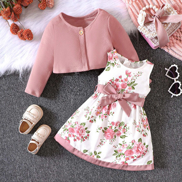 2PCS Ribbed Overcoat+Floral Sleeveless Dress